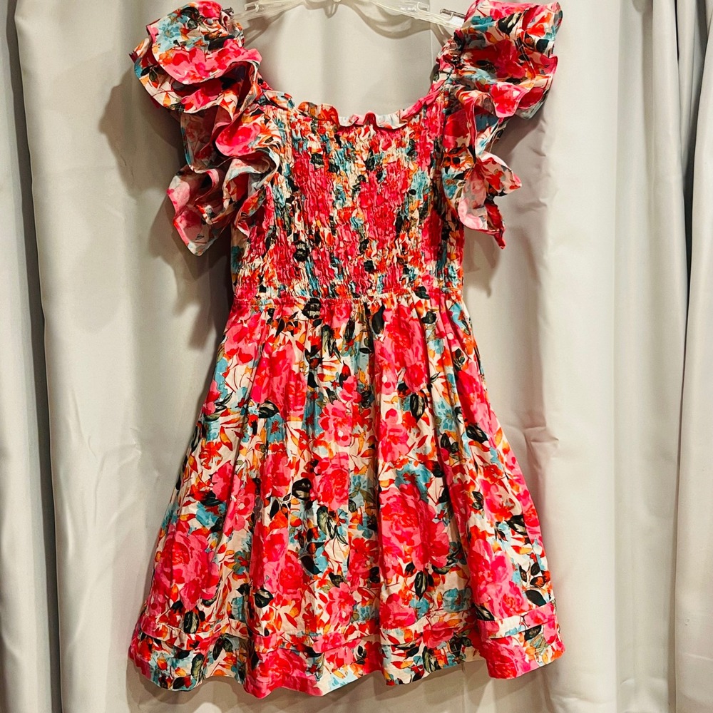 Buddy Love Floral Smocked Lined Mini Dress Pink Ruffle FlutterSize Medium